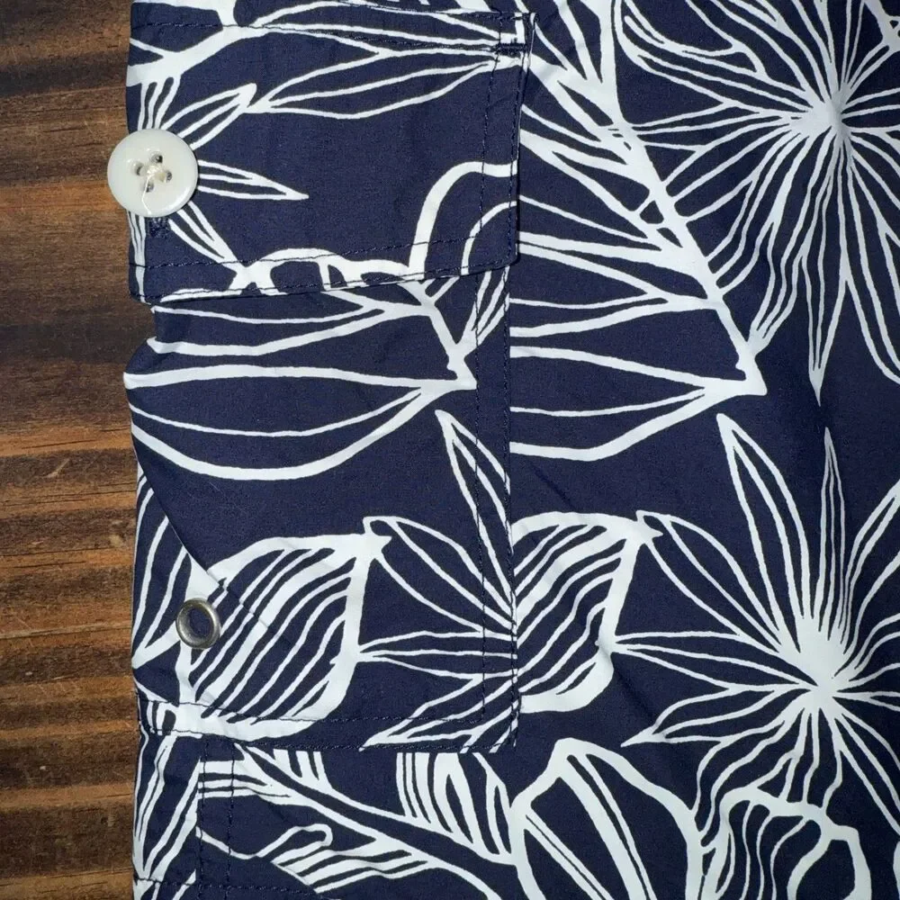 J.Crew Mens Board Shorts Swim Trunks Floral Hawaiian Mesh Lining Navy and White